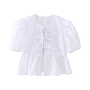 Camisa <span class=keywords><strong>de</strong></span> verano para mujer con camisa <span class=keywords><strong>de</strong></span> <span class=keywords><strong>corbata</strong></span> Vintage linterna manga corta cuello redondo blusas Chic elegante Puff manga corta sólido con volantes Top - Product Image 2