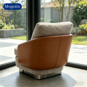 Retro Style Mixed Media <b>Armchair</b> Tufted Fabric Accent Chair with Leather Armrests for Home & Hotel Decor - Product Image 3
