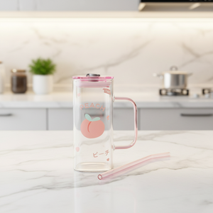 Mug en verre à motif <span class=keywords><strong>de</strong></span> fruits 450 ml avec poignée et paille en verre, tasse à boire en borosilicate pour jus - Product Image 1