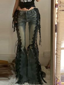 Jeans a Zampa d'Elefante Sexy da Donna <span class=keywords><strong>con</strong></span> Lacci, Eleganti <span class=keywords><strong>Pantaloni</strong></span> in Denim Nero <span class=keywords><strong>con</strong></span> Inserti in Pizzo, Chic Gotico <span class=keywords><strong>con</strong></span> <span class=keywords><strong>Spacchi</strong></span> <span class=keywords><strong>Laterali</strong></span>, Stile Y2K Grunge - Product Image 3