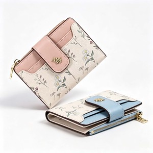 Petit portefeuille floral pour femmes, mini porte-cartes en cuir PU, porte-monnaie avec bouton pression, poche zippée, portefeuille court pour étudiantes - Product Image 1