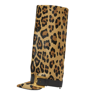 Thin High Heel Pointed Toe Overlay Denim Shoes Dress Metal Buckle Pants <b>Boots</b> Women's Folded Over Knee High Leopard Booties - Product Image 4