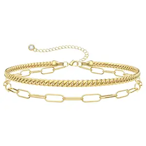 Dainty Women's 14K Gold Plated Adjustable Bracelet Set Fashion Jewelry Bangles & Chains Layered Paperclip Cuban Link Style