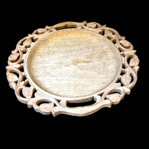Plateau de service circulaire en bois écologique sculpté avec motif floral imprimé en gravure, fait main pour la décoration de table à la maison - Product Image 1