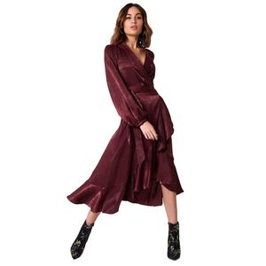 Maxi <span class=keywords><strong>abito</strong></span> in <span class=keywords><strong>raso</strong></span> Boho con volant bordeaux a maniche lunghe da donna elegante Casual autunno 2022 - Product Image 1