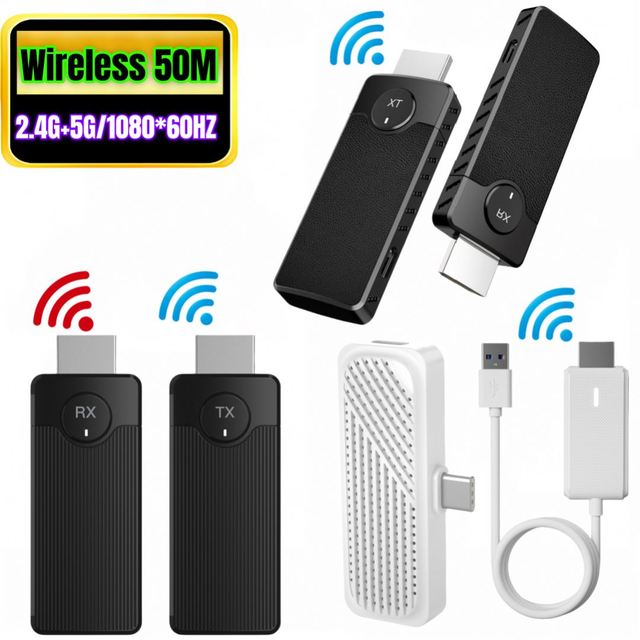 HDMI Wireless Transmitter and Receiver Extender 1080P 50M 2.4G 5G Type-C Wireless TX and RX for Mirroring HD Wireless Extender