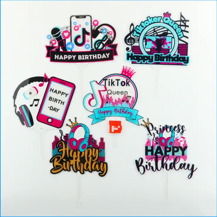 Puncak Kue Akrilik Happy Birthday, Dekorasi Pesta Memanggang Kue Tik Tok Tema Cupcake untuk Dekorasi Kue
