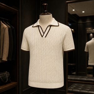 Polo de Golf Personalizado de Punto Acanalado para Hombre, Color Marfil, Estilo Old Money, Cuello Johnny, Ribete en Contraste, Marca Privada, Fabricante OEM ODM - Product Image 1