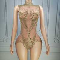 Ocstrade Leuchtend Blauer Kristall-Gradient Bodysuit für Damen Jumpsuits Ärmellos Rollkragen Cut-Out Maßgeschneiderte Tanzkleidung Party-Outfit