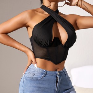 Mesh Hanging Neck Tie Wrap Sexy Fishbone Steel Ring Outside Wear Backless Women's <b>Top</b> Shirt Fashion - Product Image 6