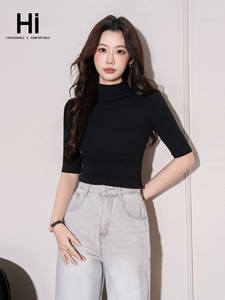 Nouveau Crop Top Court Femme Printemps Automne 2025, Tricoté à Col Demi-Montant et Manches Mi-Longues, Style Basique, Tendance et Polyvalent - Product Image 5