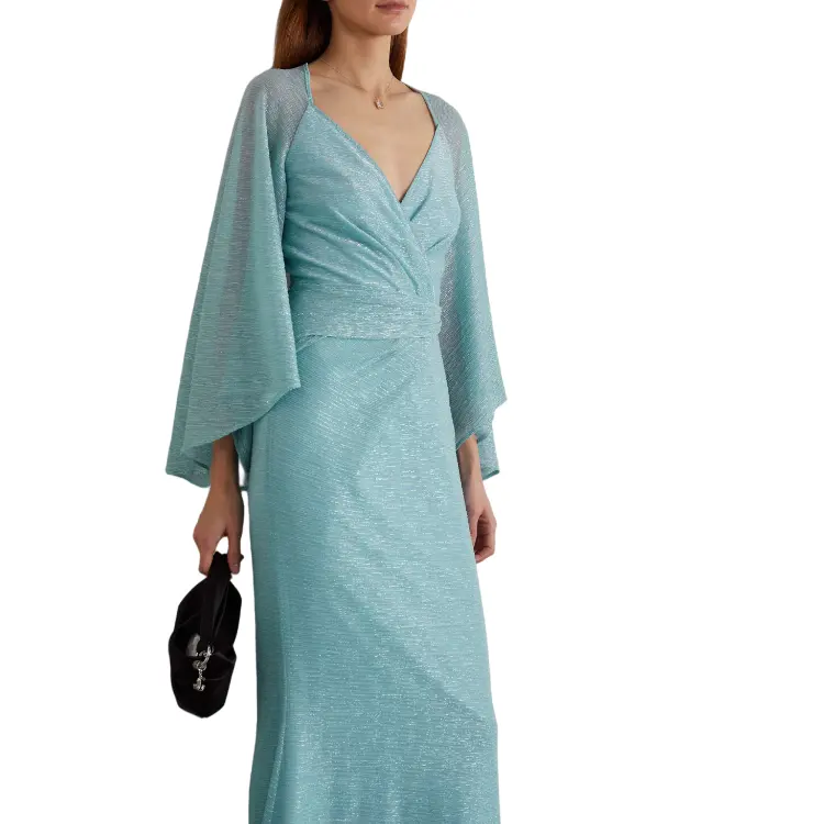 2022 Elegant ladies voile fabric metallic wrap dress puffed sleeve floor length Evening maxi Dress