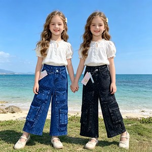 <span class=keywords><strong>Jeans</strong></span> a Gamba Larga per Bambine 2-5 Anni ZT005, Vita Elastica con Doppio Bottone e Strass, Prezzo all'Ingrosso 5,85 Dollari - Product Image 1