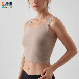 SUHE Women's <b>Lace</b> Trim Square Neck Crop <b>Tank</b> <b>Top</b> Solid Color Breathable Spandex Cotton Yoga <b>Top</b> - Product Image 1