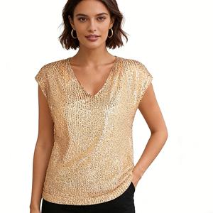 Women's Sequin V-Neck Cap Sleeve Blouse - Sparkly Party <b>Top</b> Womens Clothes Shirt Fashion - Product Image 3