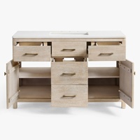 Meuble-lavabo moderne en chêne clair avec vasque simple et plan de travail en quartz, meuble-lavabo contemporain autoportant avec 1 tiroir et 2 portes