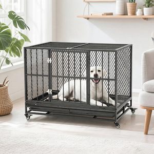 Gabbia per Cani in Metallo Nero con Tetto Apribile, Doppie Porte d'Accesso, Ruote Scorrevoli, Vassoio Rimovibile, Anti-Morso, Semplice, Verniciata a Polvere, Grande - Product Image 3