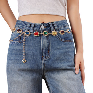 Cadena de cintura de metal con cristales coloridos, cadena corporal vintage con gemas y diamantes de imitación dorados para mujer, accesorio de moda para fiestas. - Product Image 1