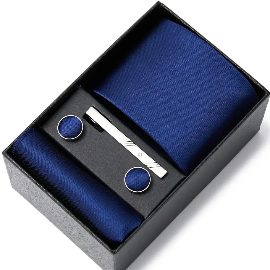 Üretici profesyonel kravat setleri 100% Polyester klasik şerit noktalar dokuma kravatlar erkekler için özel Logo kravat seti kutusu