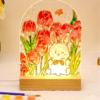 Kit de Pintura Acrílica DIY de Tulipanes con Base de Madera, Diseño Floral 3D con Luz LED, Manualidad Artística para Padres e Hijos