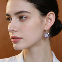 Anting-anting lingkaran bunga ungu berlapis permata, perhiasan gantung dari logam campuran untuk wanita, hadiah