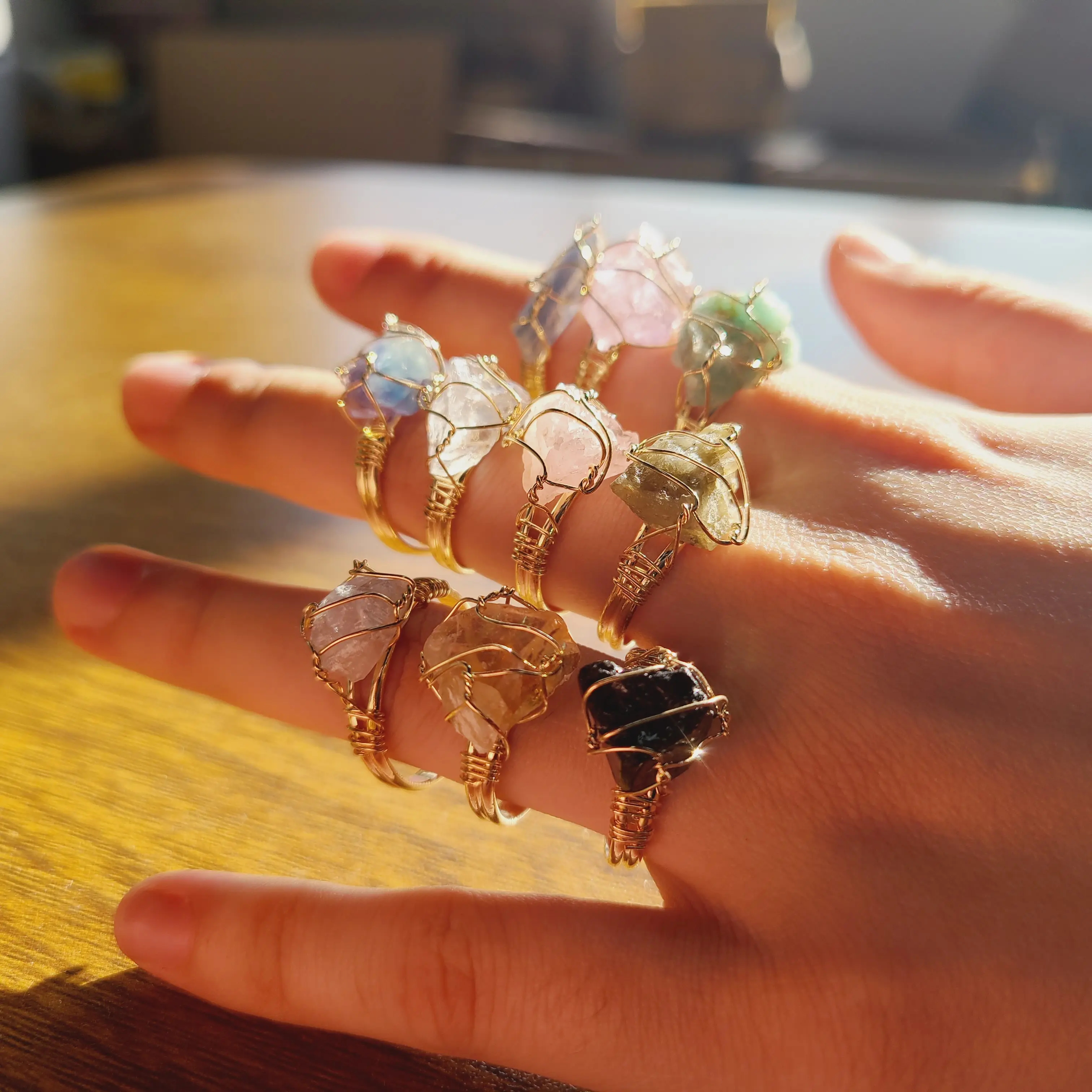 Handmade Statement Gemstone rings jewelry Dainty irregular Healing stone Wire Wrapped energy crystal birthstone ring