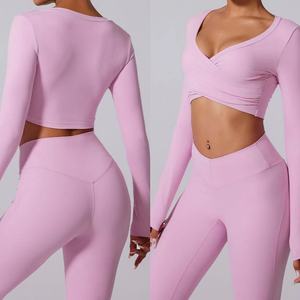 Femmes blanc Nylon haut court manches longues respirant vêtements de sport pour Fitness Yoga gymnastique entraînement <span class=keywords><strong>Jogging</strong></span> automne 2024 vêtements de Fitness - Product Image 5