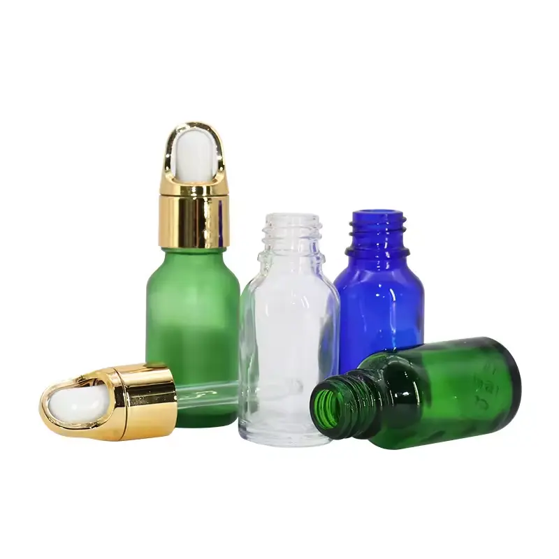 زجاجة صغيرة شفافة بيضاء وزرقاء وخضراء من مادة زجاجية سعة 15 مل لمنتجات العناية بالبشرة