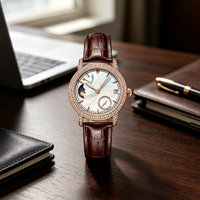 Montre mécanique automatique pour femme avec phases de lune, lunette sertie de diamants, bracelet en cuir, montre de luxe pour femme