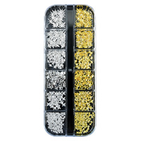 12 compartiments de breloques métalliques mixtes pour ongles (dorées et argentées, nœuds, papillons, étoiles, rivets, perles, tranches) pour la décoration DIY des ongles en salon de manucure