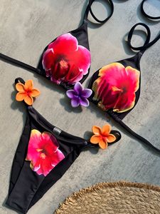 Women Floral Print Bikini Set With 3D Flower Decoration Halter Lace Up <b>Thong</b> Bottom Swimwear Two Piece Swimsuit - Product Image 4