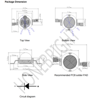 Diode LED Honebright haute puissance bleue 450nm-480nm 3W avec un angle de vision de 120°, garantie de 3 ans pour l'éclairage d'urgence -40°C 85°C