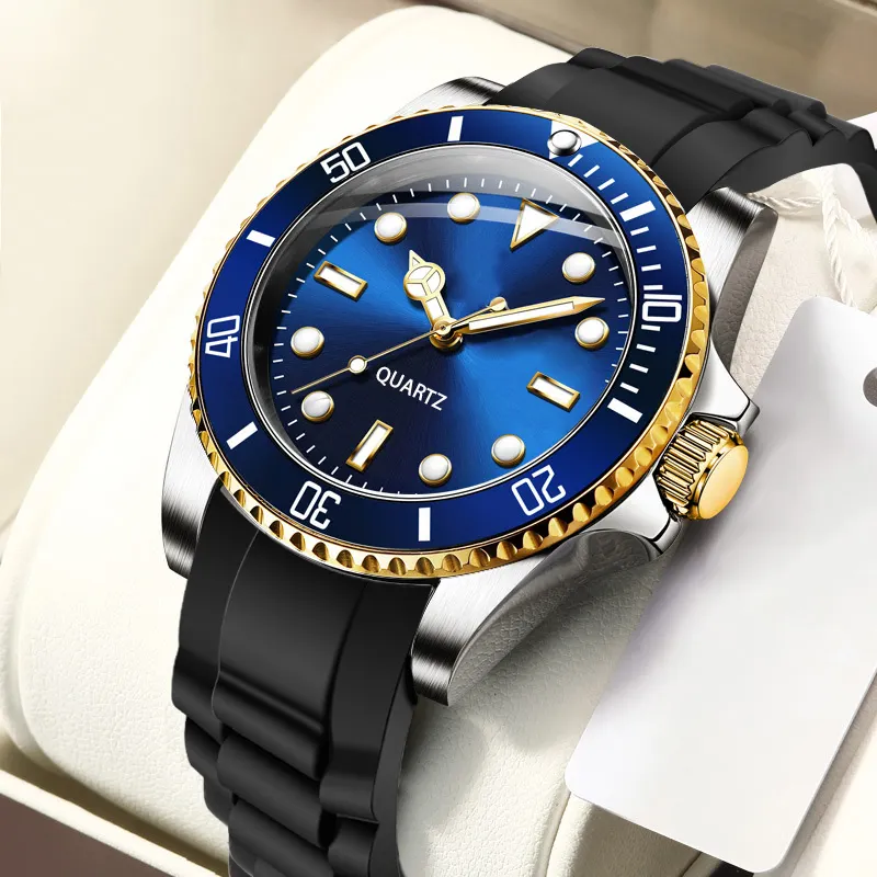 사용자 정의 로고 시계 다이얼 40mm 럭셔리 블랙 실리콘 스틸 석영 손목 시계 남성용