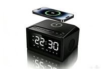 Altavoz Multifuncional de Escritorio con Carga Inalámbrica, Soporte para Reloj, Entrada USB y AUX, Salida de 15W, Carga Rápida y Luz Nocturna