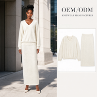 Ensemble pull tricoté deux pièces col en V oversize et jupe longue côtelée pour femme, automne-hiver, vente en gros ODM