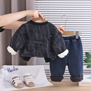 Ropa de calle informal para niños de invierno 2025, Sudadera con capucha y letras relámpago, collar desmontable, conjunto de pantalones vaqueros con parche, tela tejida de 1-5 años, dibujos animados - Product Image 6