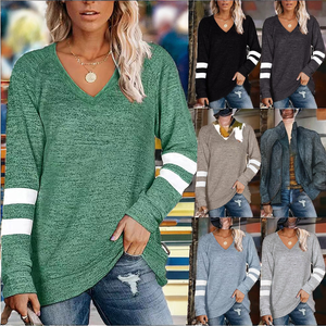 Camiseta de manga larga con cuello en V para mujer 2025, estilo europeo americano, costuras en contraste, ajuste holgado, tejido antipilling, otoño - Product Image 2