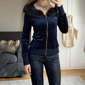 Velvet Rhinestone Zip-Up Sweatshirt with Fur Collar, Women Casual Fashion Outerwear, Trendy Streetwear <b>Jacket</b> - Product Image 2