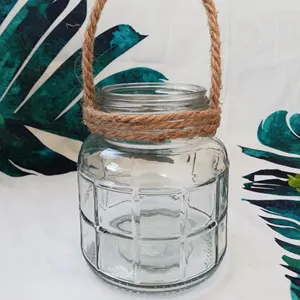 Vas lilin kristal kaca bening dengan pegangan tali untuk dekorasi rumah dan dekorasi pernikahan pilihan produksi
