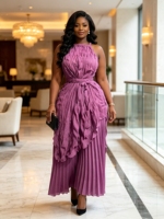 Ensemble pantalon plissé maxi élégant et décontracté pour femme, couleur unie, qualité supérieure, style africain original, grandes tailles