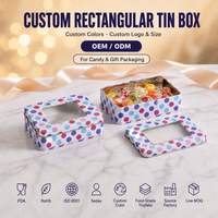 Boîte en fer blanc rectangulaire personnalisée avec couvercle à fenêtre, motif pois colorés, pour emballage cadeau de bonbons, logo personnalisé, OEM ODM, faible MOQ