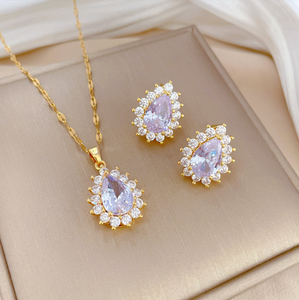 Set di gioielli in cristallo di zirconio in acciaio inossidabile da donna con ciondolo a goccia di diamanti orecchini d'oro per gli <span class=keywords><strong>amici</strong></span> della ragazza - Product Image 1