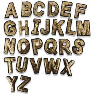 Atacado pacote de patch de ouro-Lantejoulas personalizadas de A-Z, alfabeto em inglês, lantejoulas, bordado, varsidade, dourado, brilhante, ferro em letras, patches