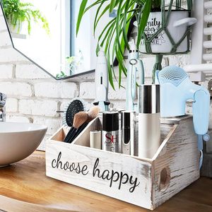 Caja de almacenamiento de madera para secador de pelo, organizador de cosméticos rectangular, estante de baño sin tapa, color sólido - Product Image 1