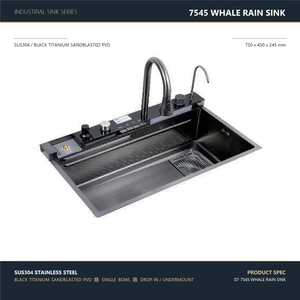Évier de cuisine professionnel 750x450mm en acier inoxydable 304 noir PVD, avec robinet de pluie Zr-Gold à commande sur plan de travail - Product Image 1