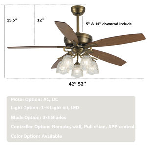 5 lưỡi đồng động cơ cổ Mỹ đồng thau sang trọng cổ điển phong cách thông minh Đèn chùm quạt trần với ánh sáng - Product Image 2