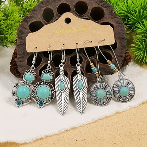 Boucles d'oreilles pendantes en alliage de bijouterie fantaisie, incrustation turquoise, plumes, style bohème, pour femmes, lot de boucles d'oreilles - Product Image 3