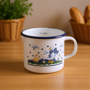Milk Pot With Spout Goose Luck 1.0 L Enamel <b>Measuring</b> Jug For Kitchen Use - Product Image 3