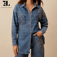 Veste en jean LARSUR sur mesure avec clous et pierres précieuses, lavage délavé, chemise en jean pour femmes