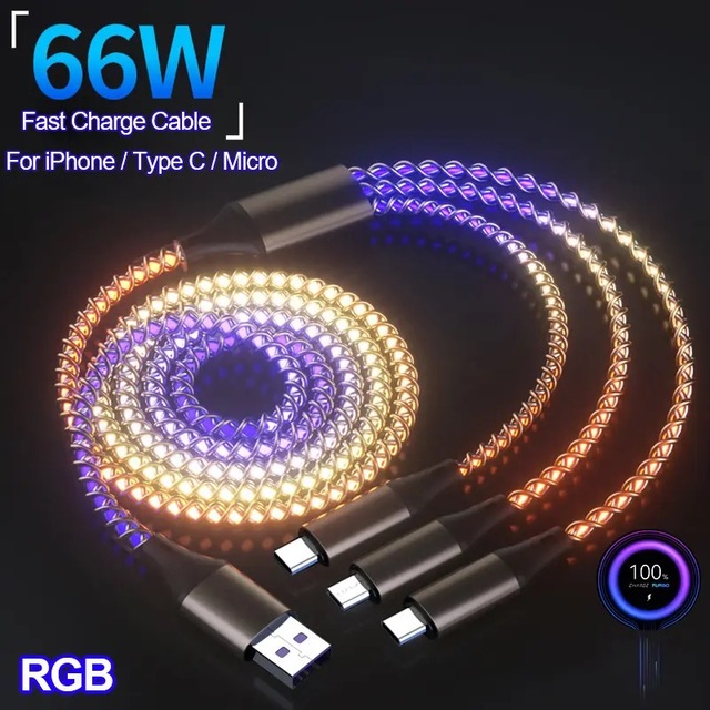 3 in 1 6A 66W RGB Super Fast Charging Cable Type-C Micro USB Charger Cable Flow Cool Colorful Glow Data Line for Phone Android